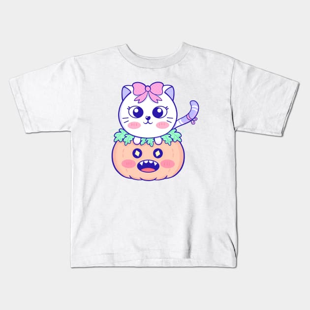 Spooky Season Cat Kids T-Shirt by Minidooods